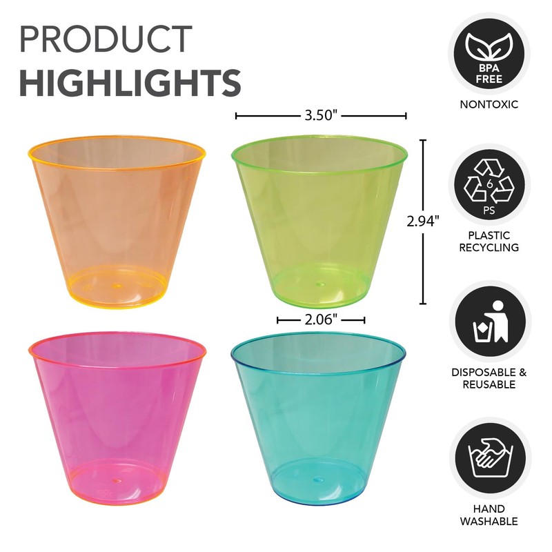 Party Essentials N910090 Brights Plastic Party Cups/Tumblers, 9-Ounce Capacity, Assorted