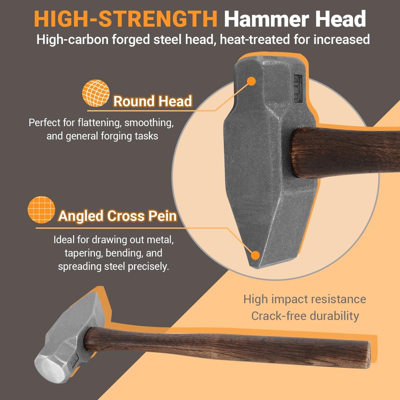 Blacksmith Hammer 4lb Heavy-Duty Forged Steel Cross Peen Hammer for