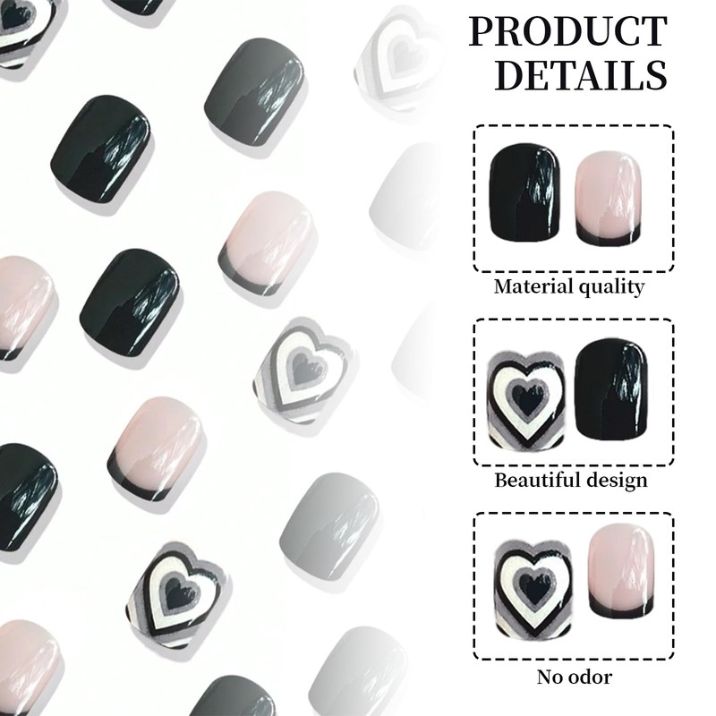 Kabwea Artificial Nails Set 24 Pieces, Black and White French