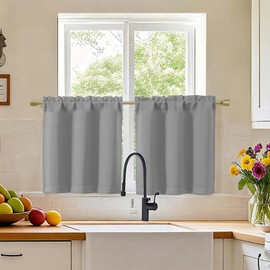 Simplebrand Silver Grey Short Cafe Curtains Tier 24 Inch Length 2 Panels Set, Modern Solid Blackout Window Cafe Curtains for Bathroom, Basement, Cabinet, Camper, Silver Grey, Each 30" Wx24 L Inches
