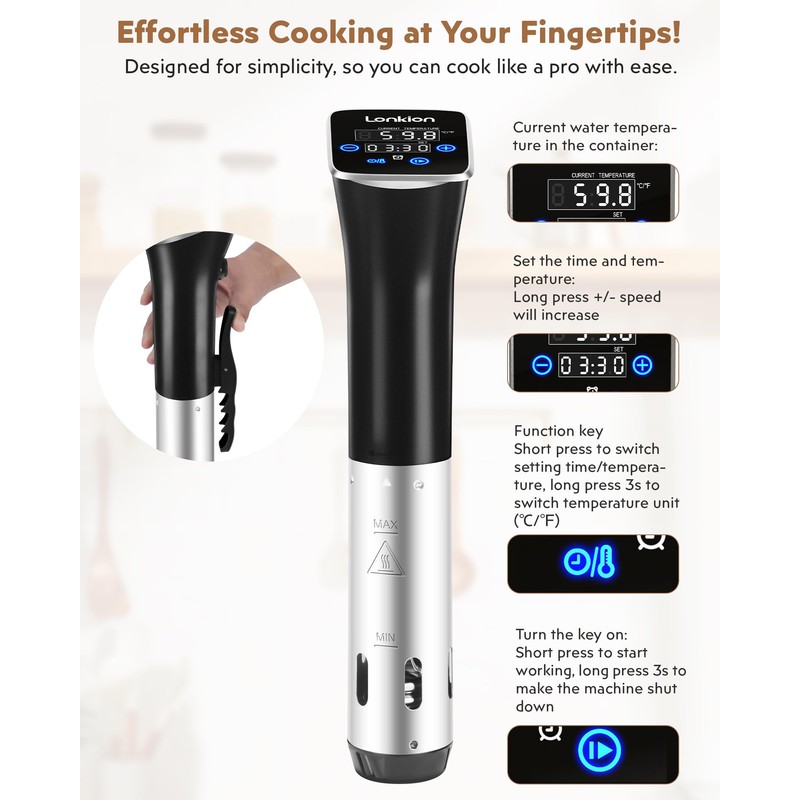 Lonkion Sous Vide Cooker Machine, Temperature Control, 1100W IPX7 Immersion