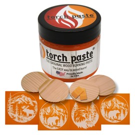 Torch Paste Woodland Adventure Coaster Kit | The Original Wood Burning Paste | 4 Reusable Stencils | Bear, Moose, Deer, Eagle | 2 Squeegees | 4 Wood Rounds
