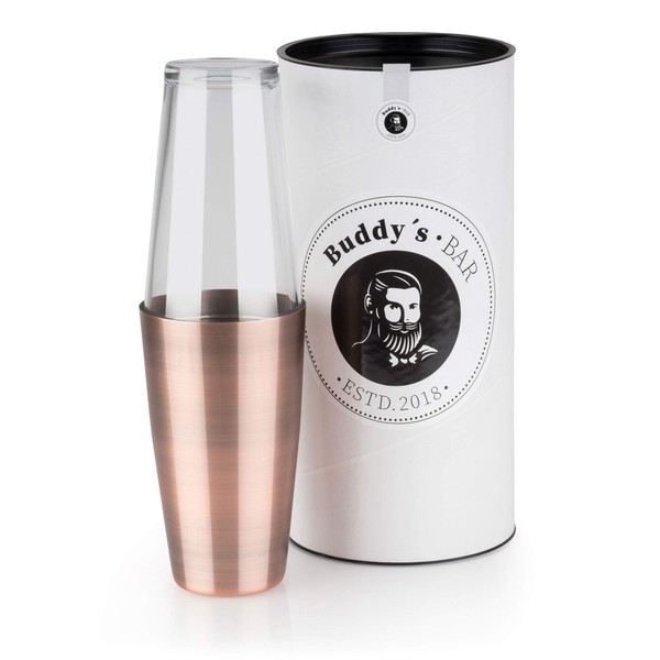 Buddy´s Bar - Boston Shaker, 700 ml Cup + 400 ml Glass, Food Safe, Elegant Cocktail Shaker with Gift Box, Antique Copper