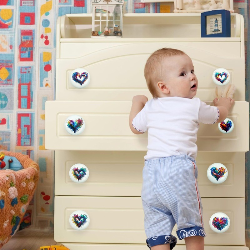 Lasyman 1.5" 8PCS Colorful Ceramic Cute Heart Knob Nursery Kid