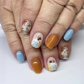 Fall Press on Nails Short Square Fake Nails Thanksgiving Glue on Nails Pumpkin Artificial Acrylic Nail Autumn Leaf False Nail Yellow Blue Glossy Stick on Nail Supplies for Women DIY 24Pcs