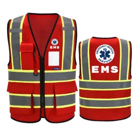 AYKRM 4xl 5xl EMS RED safety Vest BIG AND TALL EMS RED High Visibility Reflective Safety Vest Front Zipper