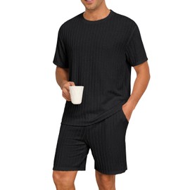 PrinStory Mens Pajamas Set Summer Pjs Sets Lightweight Short Sleeve Pajama Shorts Set Soft Sleepwear Loungewear with Pockets Black-L