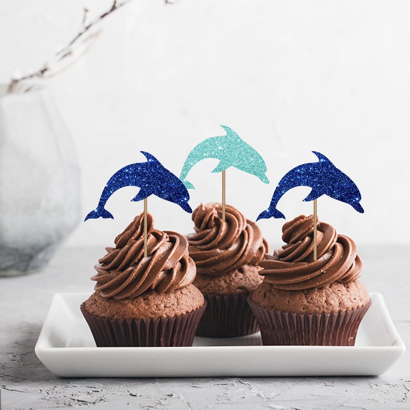 24PCS Dolphin Cupcake Toppers, Ocean Animal Dolphin Cupcake Toppers, Ocean