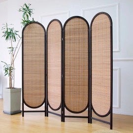 Furnnylane 4 Panel Room Divider Screen and Folding Panel Divider in Arch Shape,Double Sided Bamboo Panel Screen for Room Separation,Brown,70.9" H x 70.9" W
