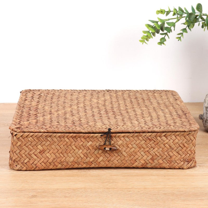 Moosky Flat Wicker Shelf Baskets with Lid, Handwoven Seagrass Basket