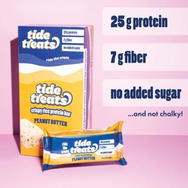 Crispy Rice Protein Treat Peanut Butter Bar | 25 g Protein, No Added Sugar, 7 g Fiber, Gluten Free | High Protein Snack for On-the-Go, Post-Workout or Dessert Cravings | 8 Count | TideTreats
