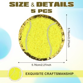 5pcs Tennis Ball Iron On Patches, 2.27 Inch Embroidered Patches Chenille Tennis Plush Sewing Patches Tennis Applique Sports Sew On Badges for DIY Decoration Clothes Jackets Jeans Hats Backpacks