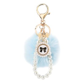 Pom Pom Keychain Bracelets for Women Pearl Wristlet Keychain Cute Fur Ball Keychains for Car House Keys Backpack Bag Charm for Purse Wallet Pendant Fashion Wrist Strap Lanyard for Teen Girls Blue