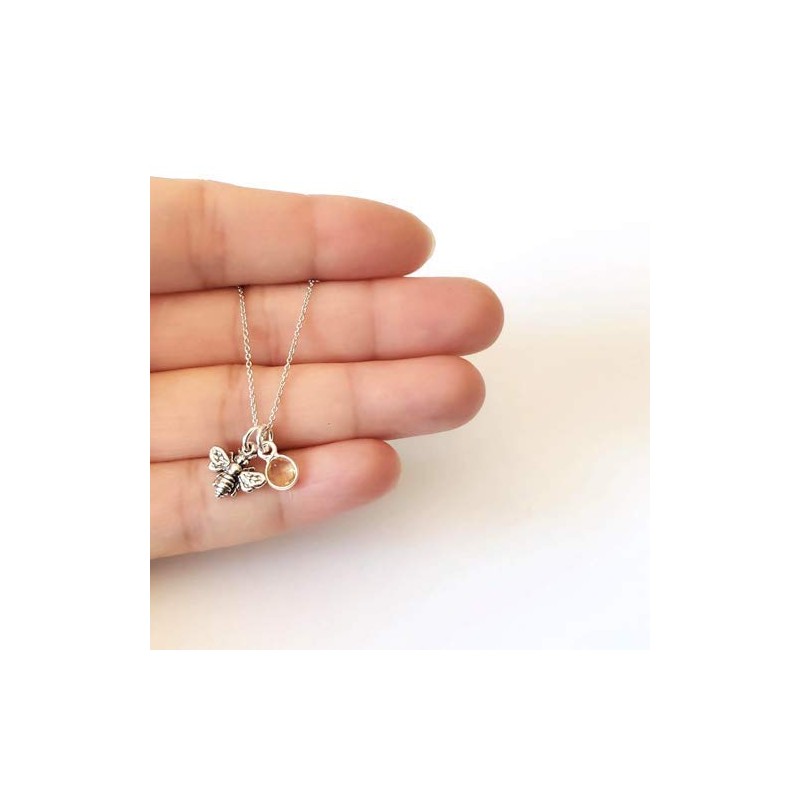 Sterling Silver Tiny Bee Charm with Honey Drop Necklace, 18"