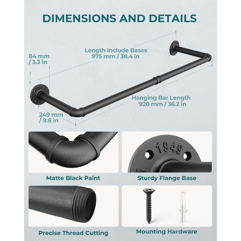 OROPY Industrial Pipe Clothes Rack Wall Mounted Set of 2,