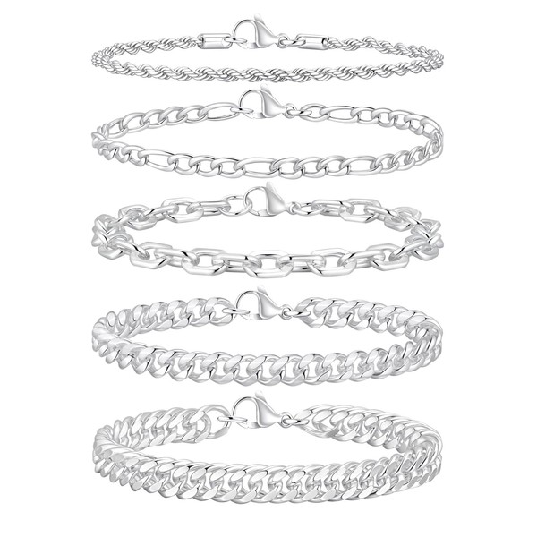 VNOX Silvering Silver Bracelet for Men, 5 Pcs Sturdy Sterling