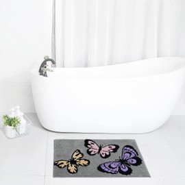 Indecor Home Bath Microfiber Rug, Soft and Absorbent Bathroom Mat, Quick-Dry Non-Slip Floor Rug for Shower, Bath, and Toilet, Daisy Lavendula Design - Light Grey