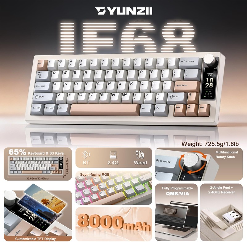YUNZII IF68 Wireless Mechanical Keyboard (Beige,Candy Switch)