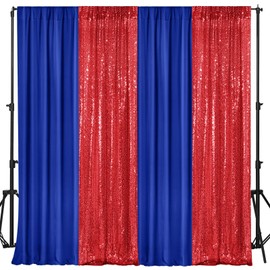 VitalCozy 4 Panels Backdrop Curtains 2 Pcs 4 x 10 ft Sequin Glitter 2 Pcs 7 x 10 ft Chiffon Photo Background Curtains for Christmas New Year Wedding Birthday Party Decorations(Navy Blue, Red)