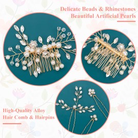 MELLIEX 4 Pieces Hair Accessories Wedding Crystal Beads Bridal Hair Comb U Shaped Bridal Hair Pins for Women Girls Gold