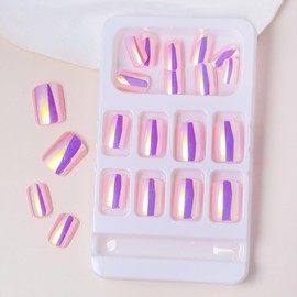 Press on Nails Short Square,24Pcs Mirror Metal Fake Acrylic Nails with Bling Design,Stick on Nails for Daily Party Wear,Full Cover False Nails Manicure Decoration for Women (Aurora-Pink)