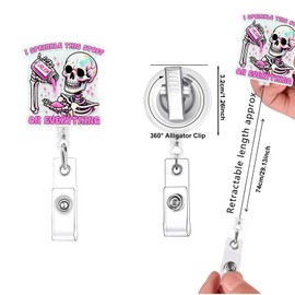 Funny Skeletone Office Badge Buddy Badge Holder with 360° Rotating ID Card Holder Retractable Clip Cute Pink Glitter Medical Badge Clip for RN CNA LPN LVN MA Hospital Worker Nursing Student Teacher