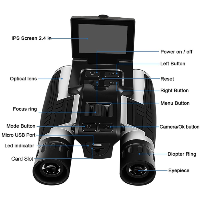 12x32 Camera Binoculars, 2.4" Screen 12x Optical 8x Digital Zoom