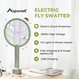 Aspectek 3000V Electric Fly Swatter for Indoor and Outdoor Use, Portable, Rechargeable Bug Zapper Racket with Improved Battery Life, USB Charging Cable, Wall Bracket, White -Green