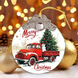 Merry Christmas Red Truck Ornament, Red Truck Farmhouse Decorative Christmas Tree Hanging Ornaments, Farm House Red Truck Christmas Decorations, 3 Inches Acrylic Ornaments