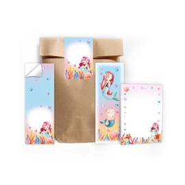 Junapack 6 Bookmarks + 6 Mini Notepads + 6 Gift Bags (Natural) + 6 Stickers Mermaid Cat Party Bags Guest Gift for Children's Birthday Girls