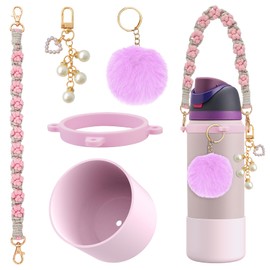 yoelike Silicone Boot Accessories for Owala Water Bottle 40 OZ, Anti-Slip Protective Sleeve Handle Strap Plush Ball Key Chain for FreeSip, Twist, and Flip Stainless Steel Water Bottles(Pink)