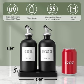 CMLKLZD Olive Oil Dispenser Bottle for Kitchen, 16oz Glass Oil and Vinegar Cruet Set with Wood Tray & 54 Labels - Coffee Syrup Dispenser - Black Kitchen Decor and Accessories - Set of 2
