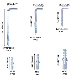 Set of 176 L Screw Hooks with Dowels, Screws, Picture Hooks for Screwing Dowel Set, Screw Hooks, Straight Wall Hooks, Screw Hooks, Right Angle Metal Hooks for Home, Office, Hanging, 88 Hooks, 88 Dowel