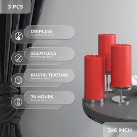 CANDWAX 3x6 Pillar Candles Set of 3 - Decorative Rustic Candles Unscented and Dinner Candles - Ideal as Wedding Candles or Large Candles for Home Interior - Red Candles