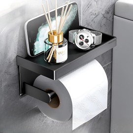 SEIRHOO Toilet Paper Holder with Shelf, Stainless Steel Thickened Wall Mounted Toilet Paper Roll Holder Bathroom Tissue Roll Holder, Rustproof Self Adhesive Toilet Paper Holder (Black)
