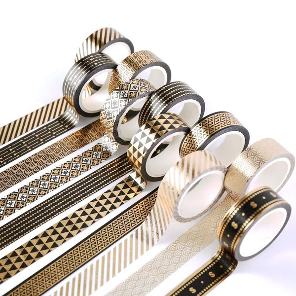 YUBBAEX 10 Rolls Washi Tape Set Black Gold Foil Print