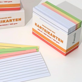 Index Cards A7 Lined in Practical Box (7.4 cm x 5.2 cm), Pack of 200 Colourful Flashcards, Assorted Colours, as Presentation Cards, Vocabulary, Office
