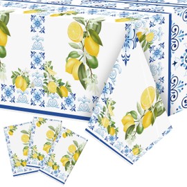 BkeeCten 3-Pack Capri Lemon Table Cover Party Decoration Mediterranean Lemon Pattern Disposable Waterproof Decor Summer Spring Fruit Kid Birthday Dining Picnic Wedding