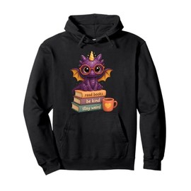 Book Lover Cute Baby Dragon Sitting on Stack of Books Pullover Hoodie