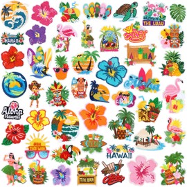 Yuxung 48 Pcs Hawaiian Iron on Patches Hawaii Summer Sea Beach Tropical Flower Embroidery Applique Patch Colorful Sewing Patches for Backpack,Hats,Clothing,Jackets,Jeans DIY Emblem Accessory