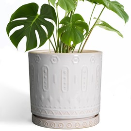 Eightpot Ceramic Planter Pot - 10 Inch Plant Pot for Indoor Outdoor Plants Round Large Flower Pot with Drainage Holes and Saucer for Home Garden Patio Decor White