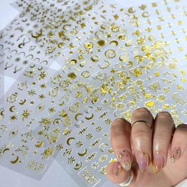 9Sheets Metallic Nail Art Stickers Decal Sun Star Nail Decals Nail Art Supplies Sun Stars Moon Heart Butterfly Starlight Designer 3D Self-Adhesive Gold Nail Design Sticker for Acrylic Nails Decoration