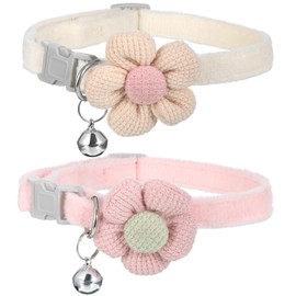 Small Dog Collar with Flower, 2 PCS Puppy Collar Small Dog Collars for Female Dogs Adjustable Cute Dogs Collars with Bell for Girl Boy Little Kitten Pet (Pink, White, XS)