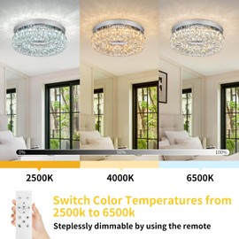 HomLaiting 7.8” Crystal Ceiling Light Fixture, Mini Round Chandeliers 6500K Cool White Modern Flush Mount Ceiling Light, LED Small Chandelier for Hallway Bedroom Foyer Kitchen Bathroom