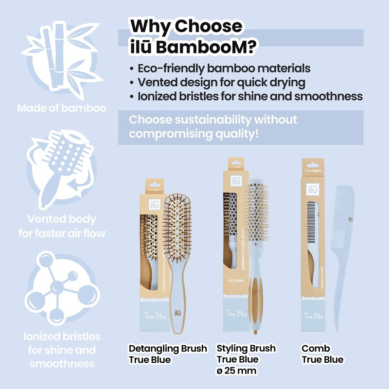 ilū Bamboo Travel Hair Brush True Blue - Environmentally Friendly