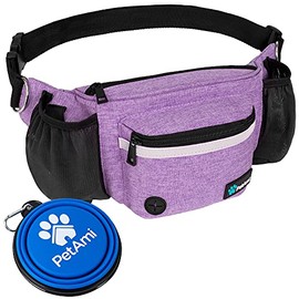 PetAmi Dog Fanny Pack, Treat Pouch for Dog Walking, Training, Built in Poop Bag Dispenser, Water Bottle Holder, Collapsible Bowl, Pet Treat Waist Belt for Hiking, Running, Kibbles (Purple)