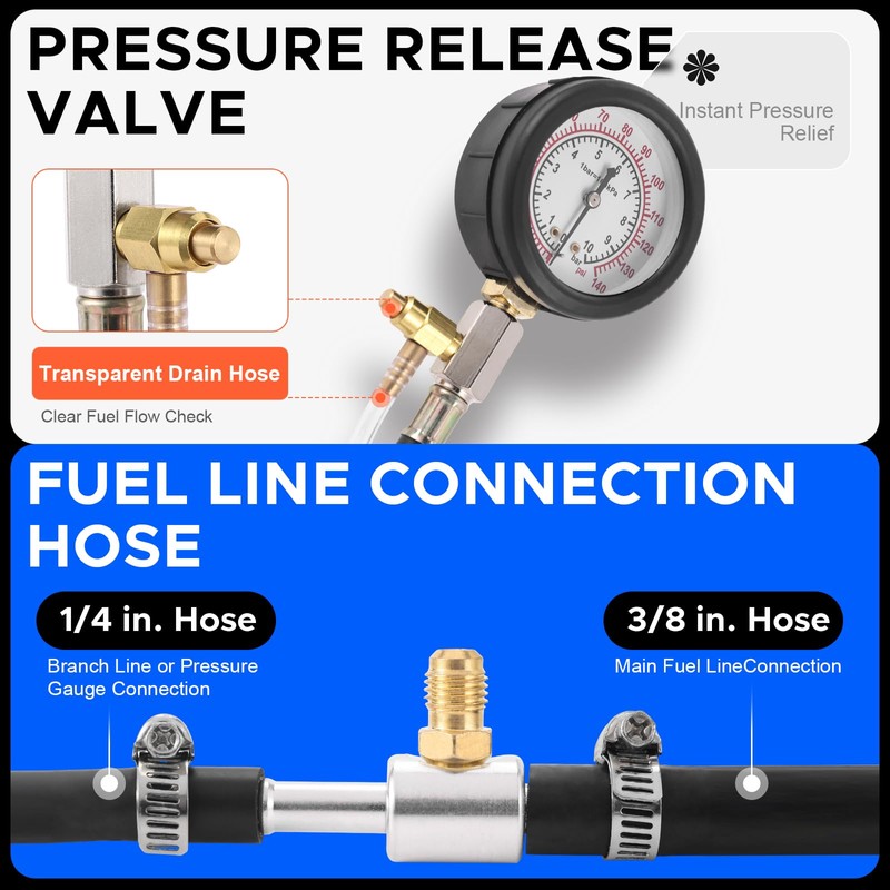 Fuel Pressure Detector kit 0-140 PSI, Universal Fuel Injection Pump