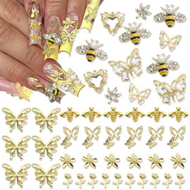 Rodaky 46 Piezas De Dijes De Abeja Para Uñas, Gemas De Mariposa En 3D Con Forma De Corazón, Dijes De Metal Dorados Para Uñas, Dijes De Flores Rosas Y Animales Para De Oro Pequeño