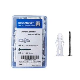 BESTANDOFF Plastic Drywall/Concrete Anchors with Stainless Steel Screws Assortment Kit 100PCS, 50 Plastic Dry Wall Anchors and 50 Flat Head Screws, Sheetrock Anchors (100, #6)