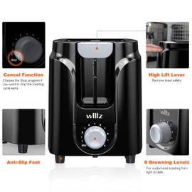 Willz 2-Slice Toaster, Extra Wide Slot with 6 Browning Levels, Small Toaster for Bread, Removable Crumb Tray, Auto Shut-off & Easy Clean, Black